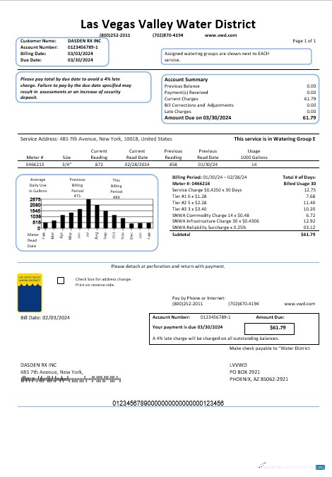 USA Las Vegas Valley Water District (LVVWD) business utility bill template in Word and PDF formats